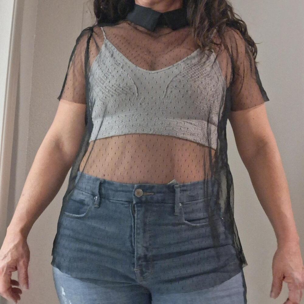 Who What Wear Black Sheer Dotted Mesh Blouse Top Size XL